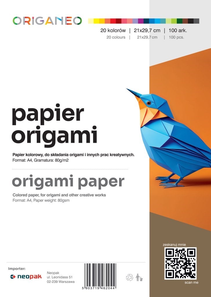 Papier kolorowy do origami ORIGANEO A4 mix 20 kolorów 100 ark. 80 g/m2