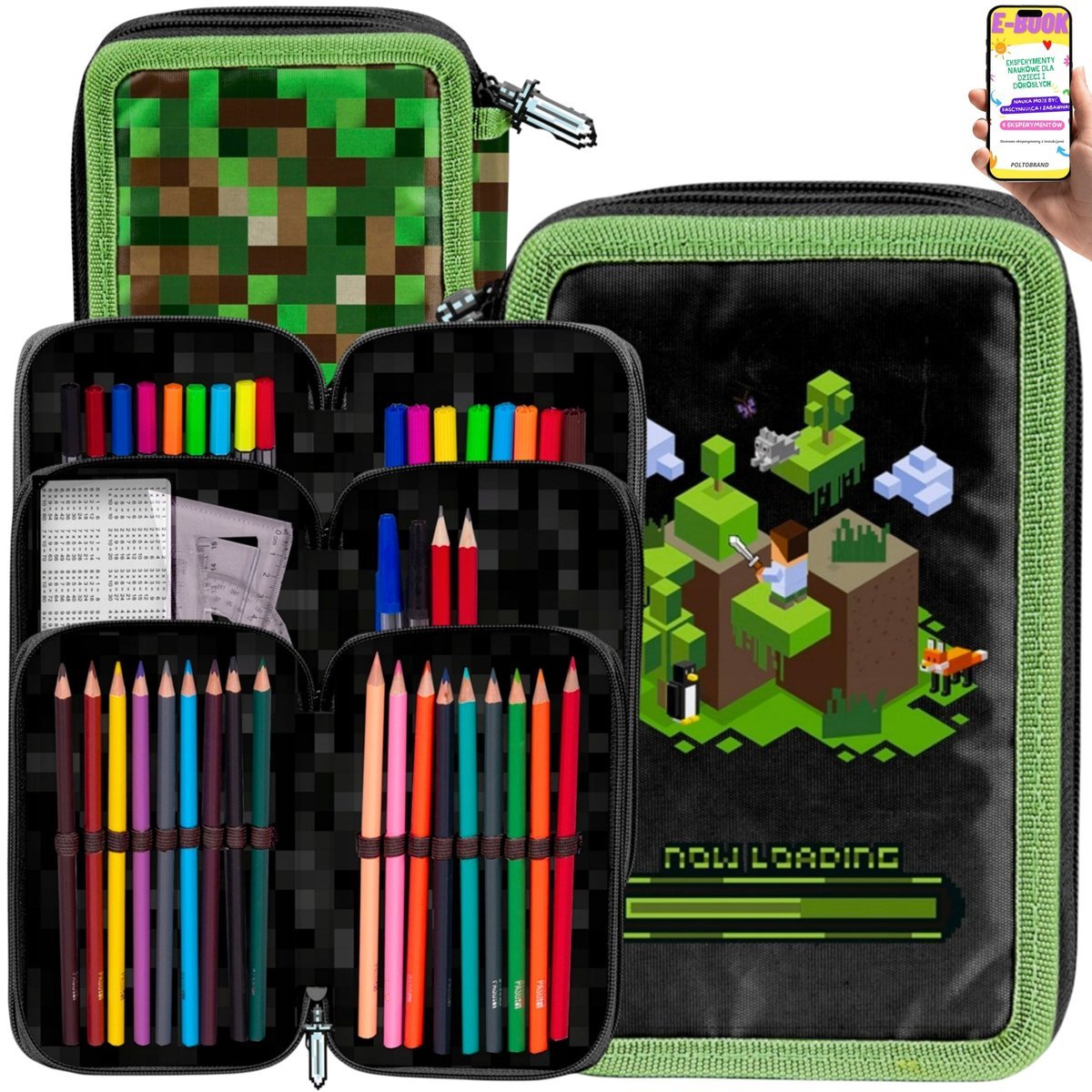PIÓRNIK MINECRAFT 3 KOMORY Z WYPOSAŻENIEM – GAMINGOWY ZESTAW SZKOLNY DLA GRACZA – PIKSELE, KREDKI, FLAMASTRY + EBOOK