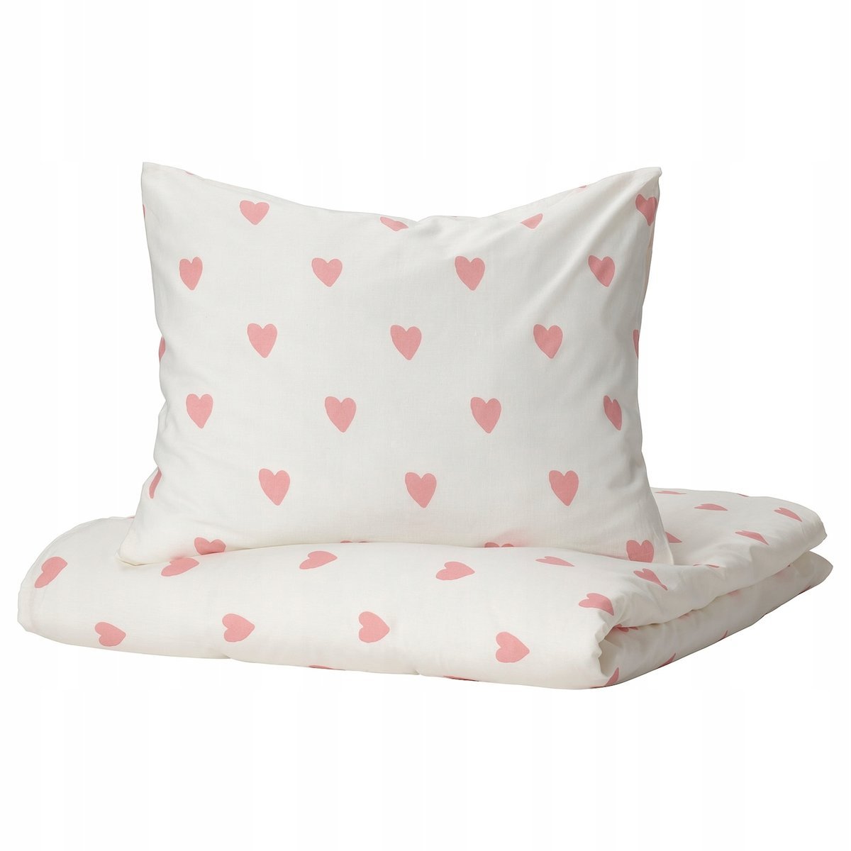 Pościel bawełniana IKEA BARNDRÖM 150x200 (50x60 cm) biała RÓŻOWE serduszka