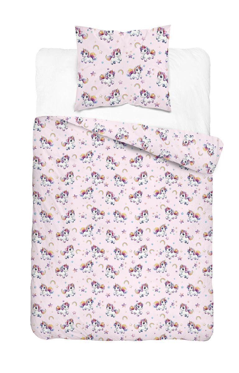 Pościel młodzieżowa 160x200 różowa w jednorożce z tęczą i gwiazdkami - Cotton Junior Basic Collection