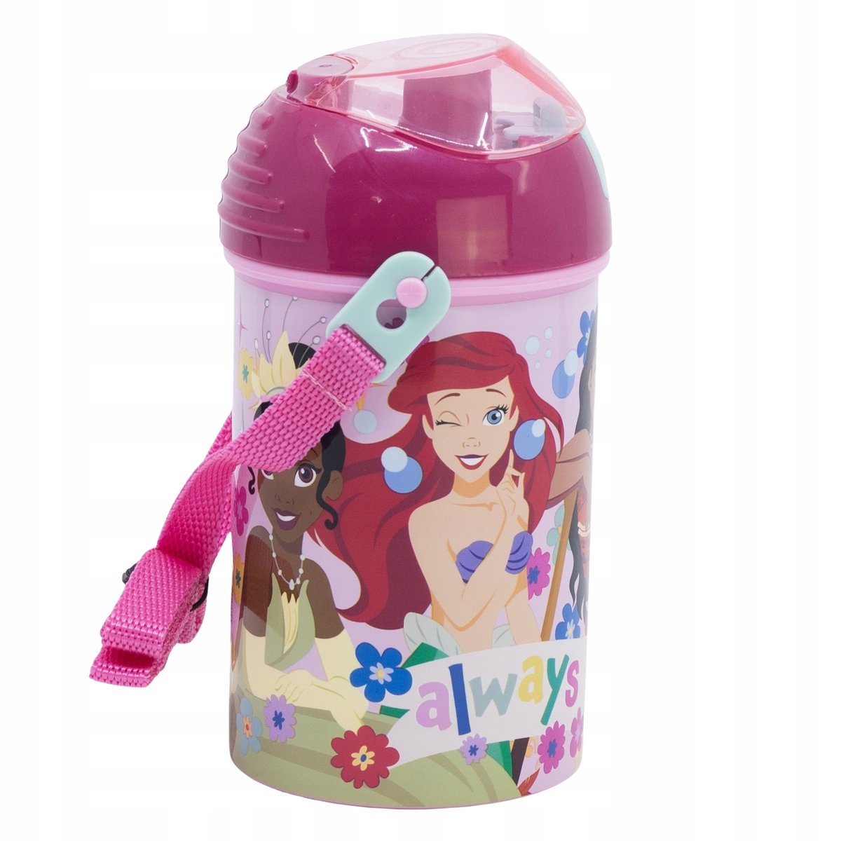 PRINCESS KSIĘZNICZKI BIDON Z PASKIEM NA WODĘ Z USTNIKIEM WAKACJE LATO 450ML