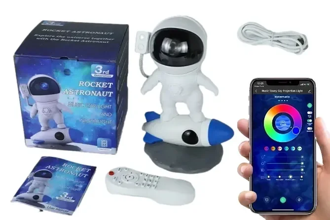 PROJEKTOR GWIAZD ASTRONAUTA Lampka Głośnik Rzutnik dla Dzieci Led APLIKACJA