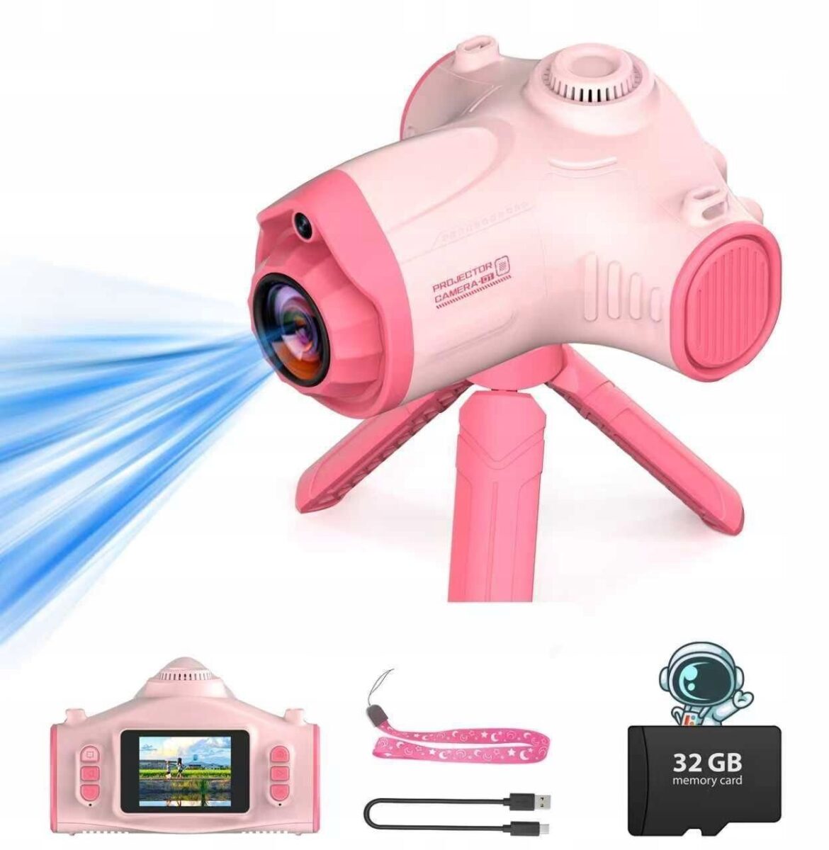 Projektor Rzutnik Aparat Kamera 3w1 Dla Dzieci 48mp 1080p Karta 32gb Statyw / Ha92 Różowy