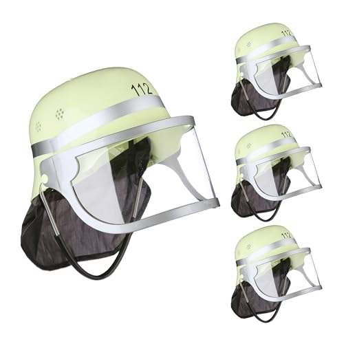 Relaxdays Kask strażacki dla dzieci, zestaw 4 sztuk, regulowany, składany wizjer, chusta na kark, straż pożarna, wys. x szer. x gł.: 24,5 x 22,5 x 28 cm, żółty