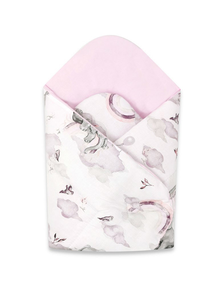 Rożek niemowlęcy 75x75 cm BAWEŁNA 100% SŁONIE NA TĘCZY RÓŻ