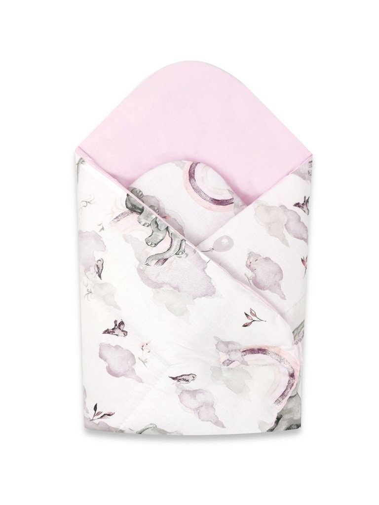 Rożek niemowlęcy usztywniany 75x75 cm BAWEŁNA 100% SŁONIE NA TĘCZY RÓŻ