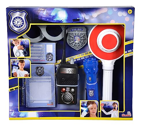 Simba 108101003 - zestaw policji drogowej, 7 części, latarka, chochla, kajdanki, znak policyjny, mandaty, dowód osobisty, radio, odgrywanie ról, karnawał, od 3 lat