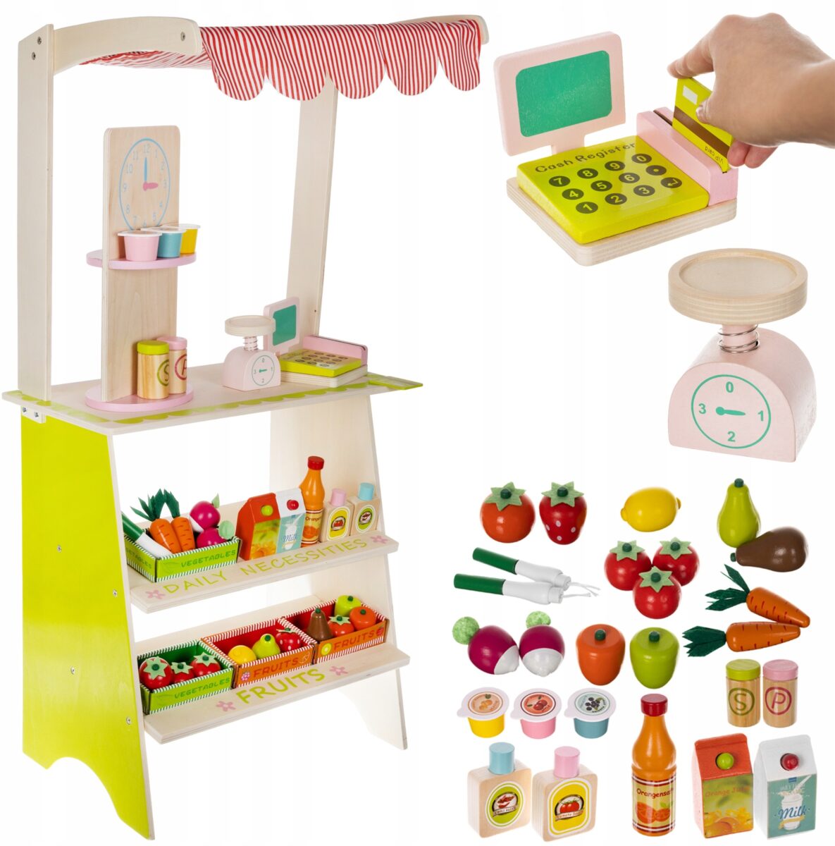 Sklep Supermarket Drewniany Stragan Dzieci + Kasa