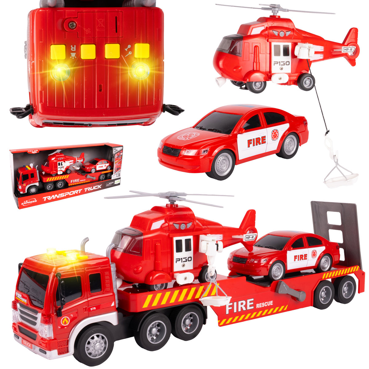 Straż Pożarna Laweta Helikopter Auto 1:16 Światło Dźwięk Ruchome Elementy