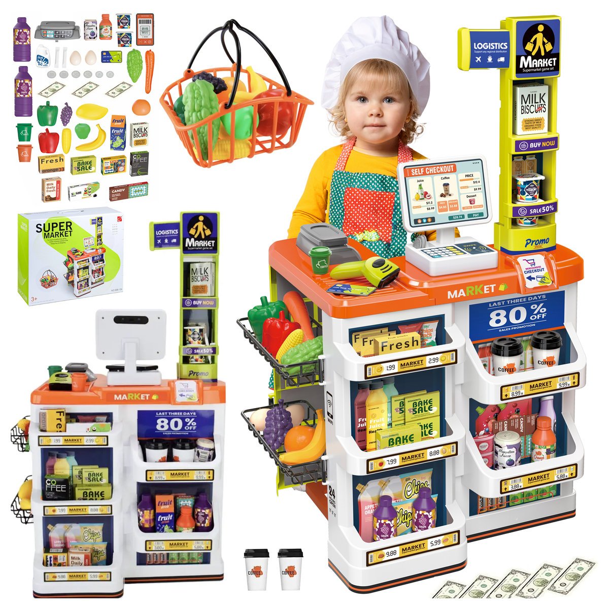 SUPERMARKET SKLEP DLA DZIECI STRAGAN KASA SKANER WAGA KOSZYK TOWARY WARZYWA