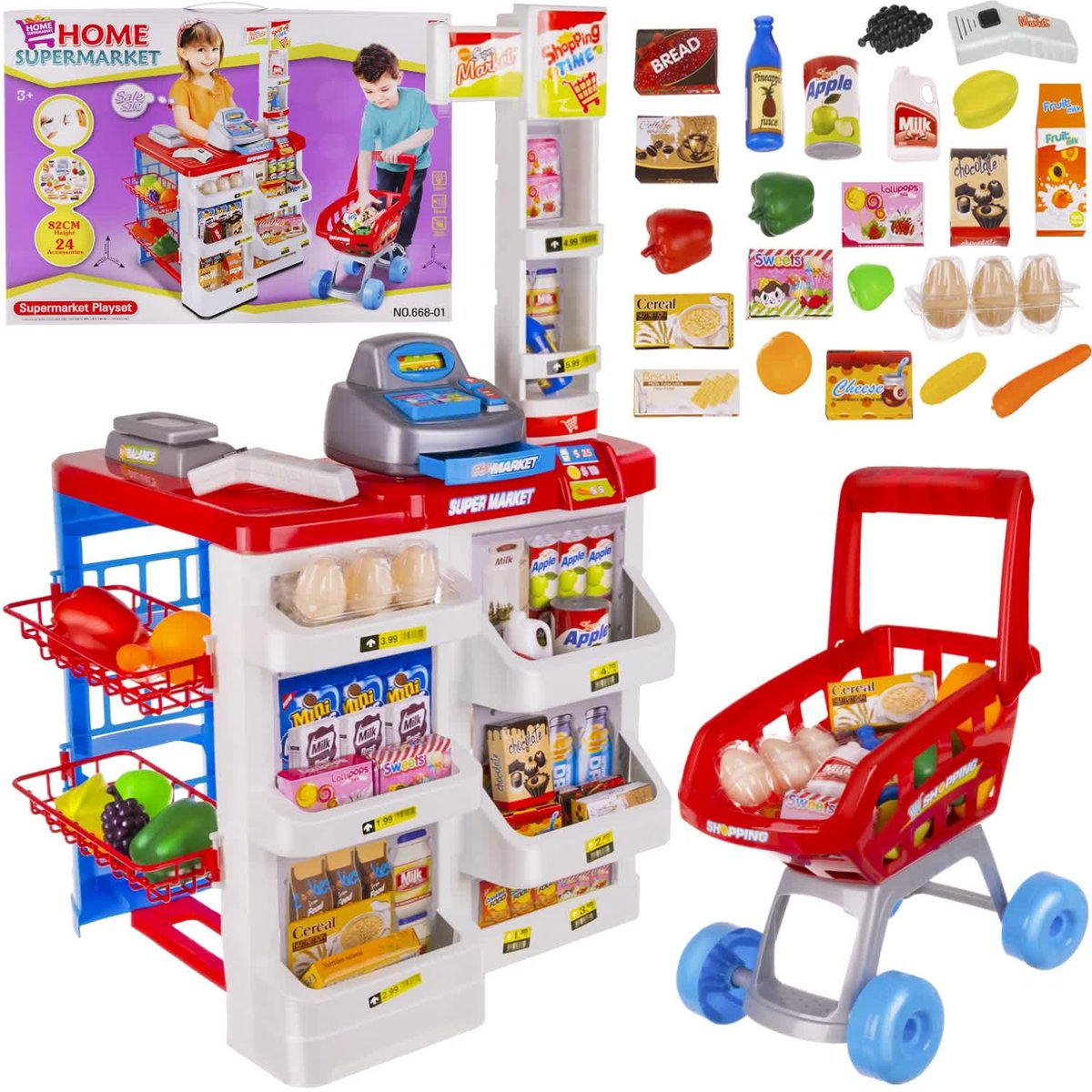 Supermarket Sklep Kasa dla Dzieci Stragan + Wózek Koszyk z Akcesoria Duży ISO TRADE