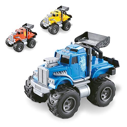 Świat Motors - Friction Mini Monster Truck - Samochód z wstecznym sprzęgłem dla dzieci - Rozmiar 15 cm - Kolor żółty, niebieski pomarańczowy - 51186