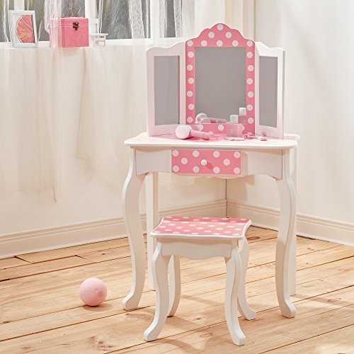 teamson Kids TD-11670 °F toaletka z taboret Fashion Prints Polka Dots  stolik fryzjerski dla dzieci, wielokolorowy