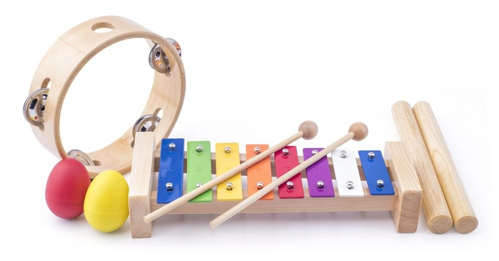 woody Instrumenty muzyczne = cymbałki tamburyn drewniane pałeczki 2 marakasy)