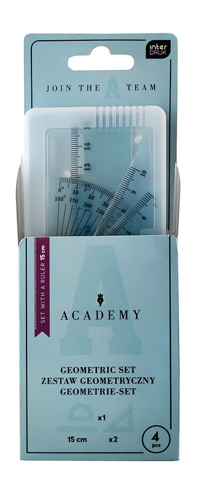 Zestaw geomteryczny, Academy, 4 elementy z linijką 15 cm, Interdruk