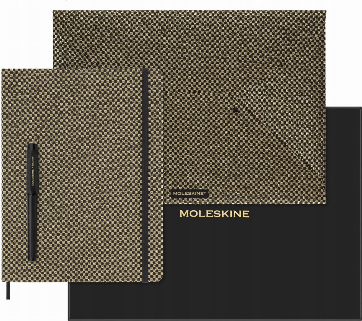 Zestaw kolekcjonerski MOLESKINE Shine, teczka + pióro wieczne Kaweco + notes w linie, metaliczny złoty