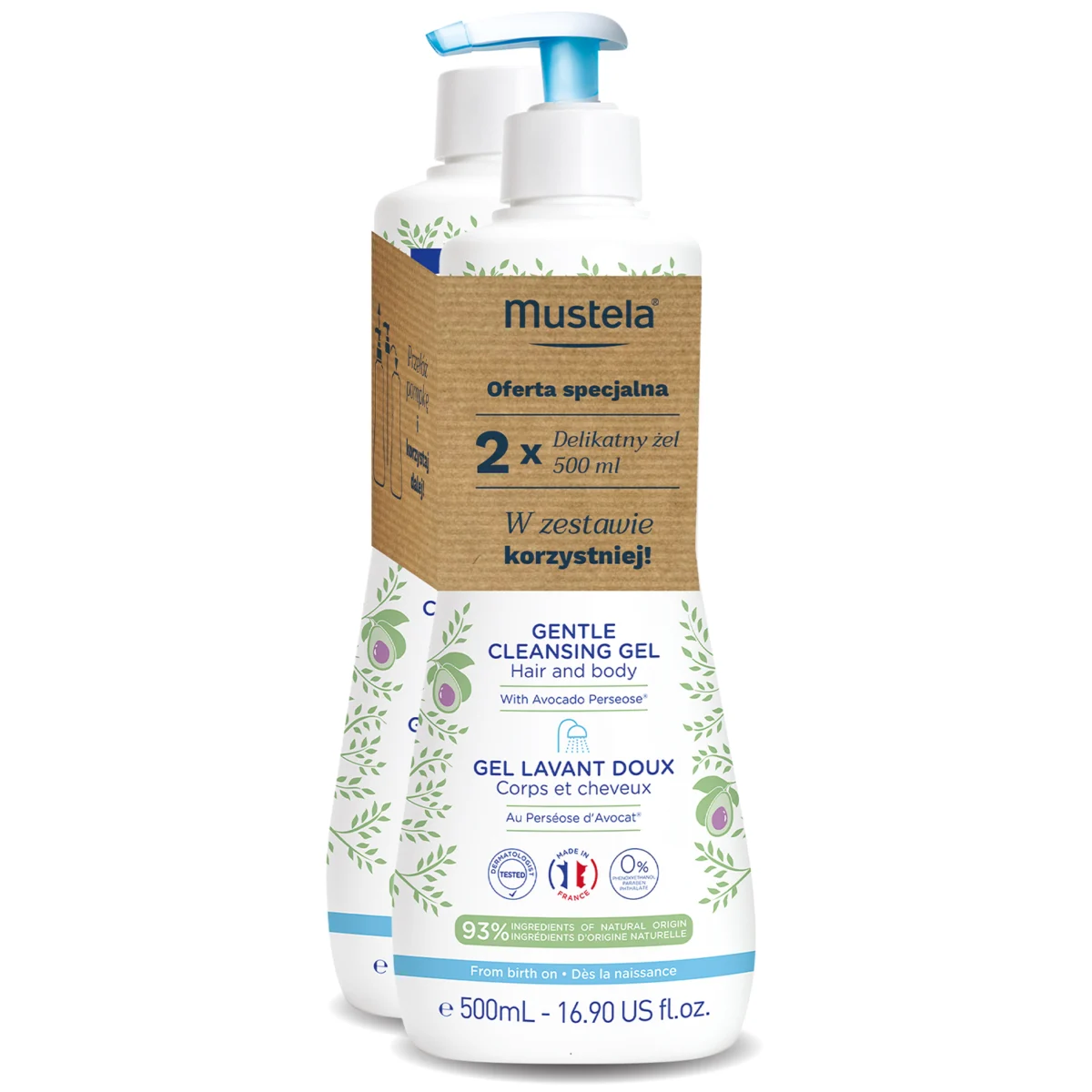 Zestaw Mustela Bebe Enfant, żel do mycia ciała i włosów, od 1 dnia życia, 2 x 500 ml