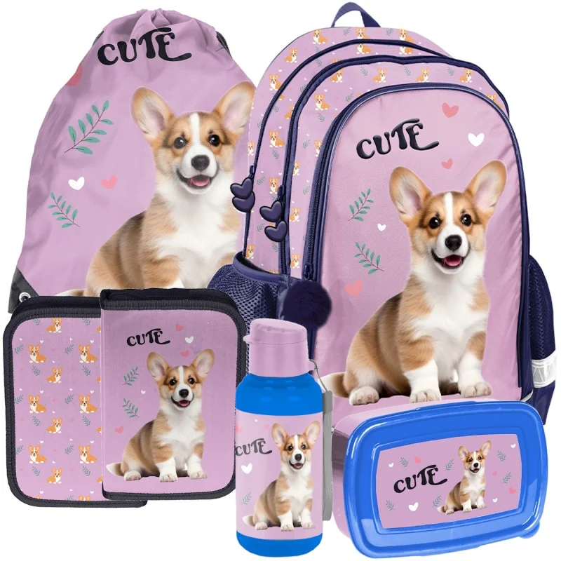 ZESTAW szkolny plecak tornister piórnik worek bidon Cute Piesek Corgi