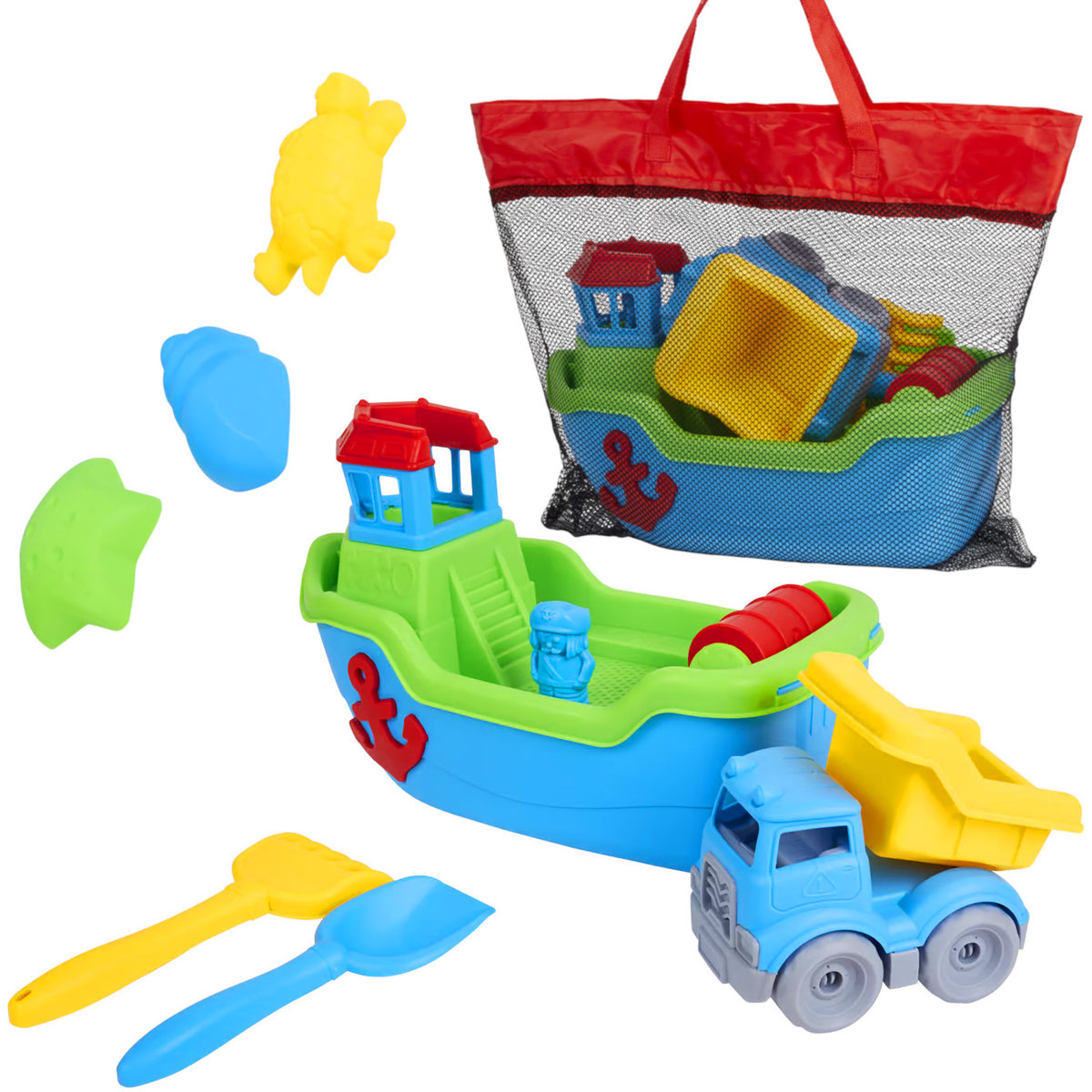 Zestaw zabawek do piasku w torbie na plażę Statek 36cm Wywrotka 9el 18m+